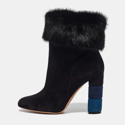 Pre-owned Ferragamo Black Shearling Fur And Suede Loris Ankle Length Boots Size 40