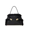 Ferragamo Hug Shearling-trimmed Leather Shoulder Bag In Black