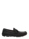 Ferragamo Black Slip-on Loafers With Gancini Detail In Hammered Leather Man In Black