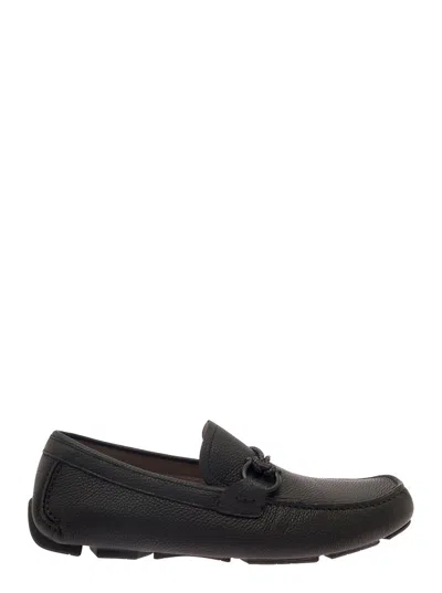 Ferragamo Black Slip-on Loafers With Gancini Detail In Hammered Leather Man