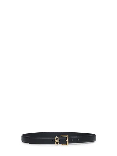 Ferragamo Black Smooth Leather Double Gancini Belt In Green