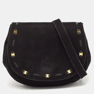 Pre-owned Ferragamo Black Suede Logo Flap Crossbody Bag