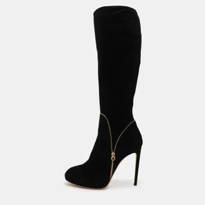 Pre-owned Ferragamo Black Suede Ronnie Knee Length Boots Size 40