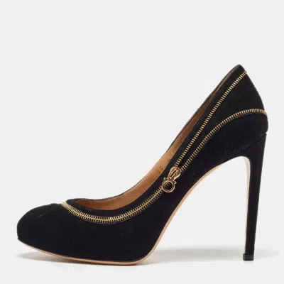 Ferragamo Black Suede Rory Zipper Pumps In Multi