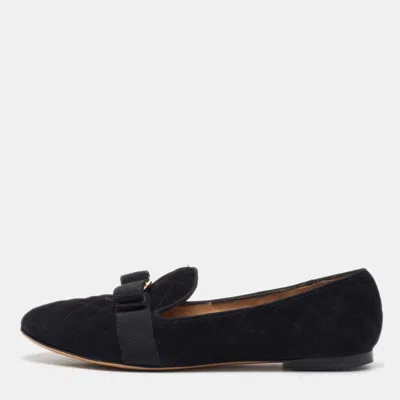 Pre-owned Ferragamo Black Suede Vara Bow Smoking Slippers Size 40.5