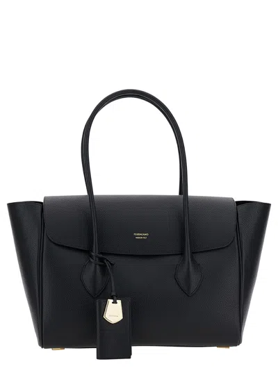 Ferragamo Black Tote Bag With Logo And Plaque Detail In Hammered Leather Woman