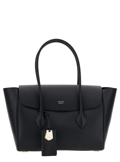 Ferragamo Black Tote Bag With Logo And Plaque Detail In Hammered Leather Woman