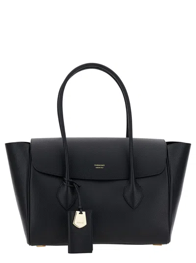 Ferragamo Black Tote Bag With Logo And Plaque Detail In Hammered Leather Woman In Multicolor