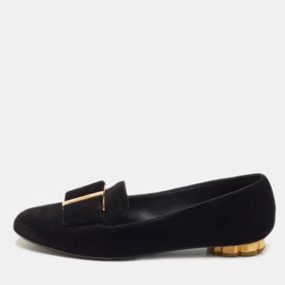 Ferragamo Black Velvet Bow Sarno Flower Heel Loafers
