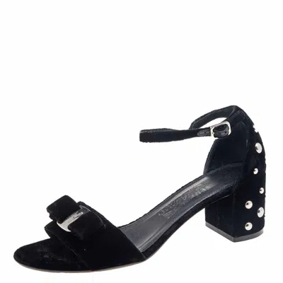 Ferragamo Black Velvet Studded Block Heel Ankle Strap Sandals