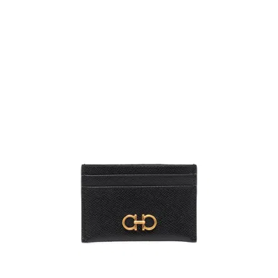 Ferragamo Black Card-holder With Gancini Detail In Hammered Leather Woman