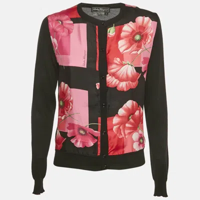 Pre-owned Ferragamo Black Wool & Silk Floral Print Cardigan S