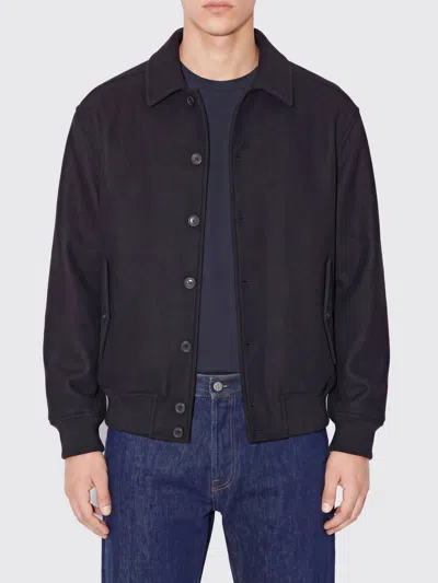 Ferragamo Black Wool Blend Bomber Jacket With Classic Collar And Flap Pockets In Blue