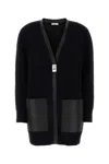 Ferragamo Wool Cardigan With Leather Trim And Pockets In Black