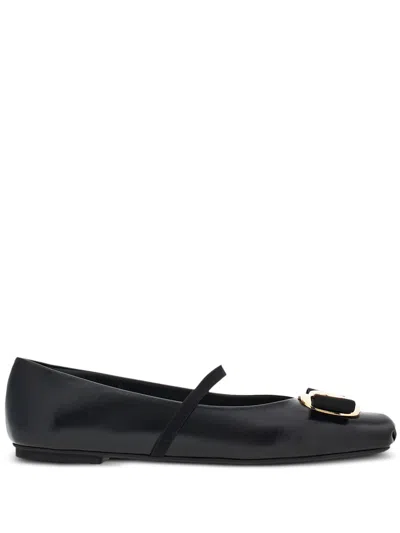 Ferragamo Lambskin Flats With Gold-tone Buckle Detail In White