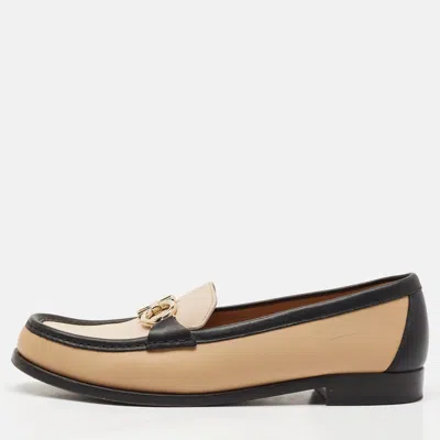 Pre-owned Ferragamo Black/beige Leather Slip On Loafers Size 40