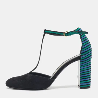 Pre-owned Ferragamo Black/blue Suede And Leather Fergie T-strap Pumps Size 40.5 In Multi