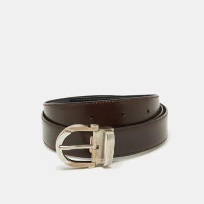Pre-owned Ferragamo Black/brown Leather Cut To Size Reversible Gancini Buckle Belt