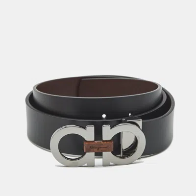 Pre-owned Ferragamo Black/brown Leather Gancini Buckle Cut To Size Belt