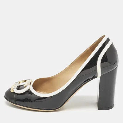 Pre-owned Ferragamo Black/cream Patent Leather Bow Pumps Size 38