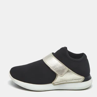 Pre-owned Ferragamo Black/gold Leather And Neoprene Palau Sneakers Size 38.5