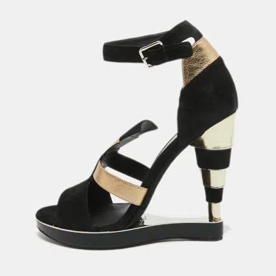 Pre-owned Ferragamo Black/gold Suede Watersnake And Leather Lexus Platform Sandals Size 39.5