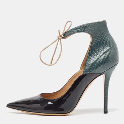 Pre-owned Ferragamo Black/green Patent Leather And Snakeskin Lace Up Pumps Size 38.5