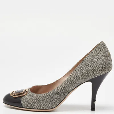 Pre-owned Ferragamo Black/grey Leather And Tweed Buckle Detail Pumps Size 39.5