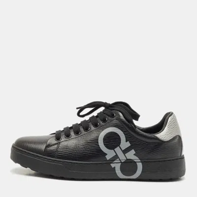 Pre-owned Ferragamo Black/silver Leather Gancini Lace Up Sneakers Size 40
