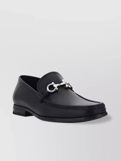 Ferragamo Block Heel Leather Loafers With Metal Detail In Black
