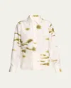Ferragamo Blossom Flower Silk Twill Blouse In White/oliv