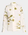 Ferragamo Blossom Flower Silk Twill Blouse In White/oliv
