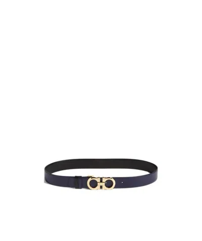 Ferragamo Blue And Black Double-sided Gold Buckle Belt