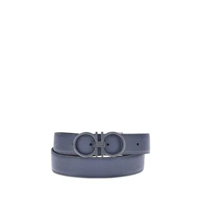 Ferragamo Leather Belt Reversible Textured Finish In Blue
