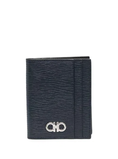 FERRAGAMO BLUE CARD HOLDER WITH METALLIC GANCINI LOGO ON THE FRONT IN LEATHER MAN