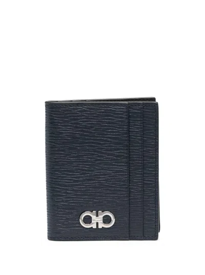 FERRAGAMO BLUE CARD HOLDER WITH METALLIC GANCINI LOGO ON THE FRONT IN LEATHER MAN