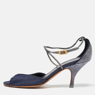 Pre-owned Ferragamo Blue Denim And Snakeskin Leather Sandals Size 37.5