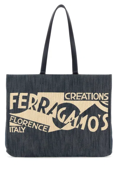 Ferragamo Blue Denim Large Tt Sign Shopping Bag