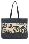 FERRAGAMO BLUE DENIM LARGE TT SIGN SHOPPING BAG