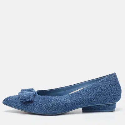 Pre-owned Ferragamo Blue Denim Varina Pointed Toe Ballet Flats Size 40