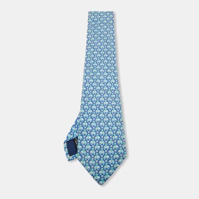 Pre-owned Ferragamo Blue Elephant Print Silk Tie