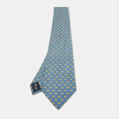 Pre-owned Ferragamo Blue Elephant Print Silk Traditional Tie