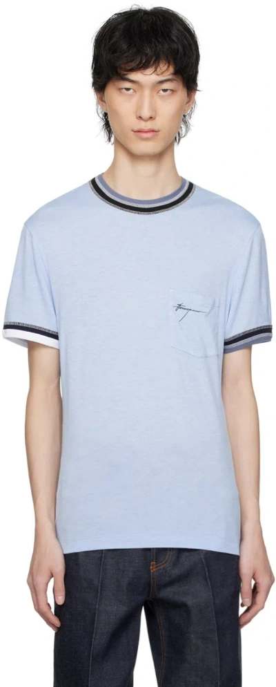 Ferragamo Blue Embroidered T-shirt In 4972/319 Light Blue