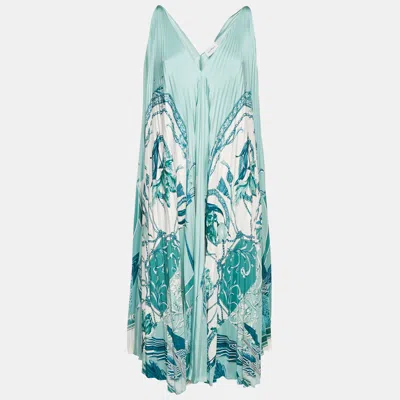 Ferragamo Blue Floral Print Satin Plisse Midi Dress In Multi