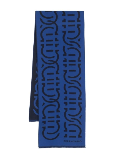 Ferragamo Blue Gancini-jacquard Wool Scarf