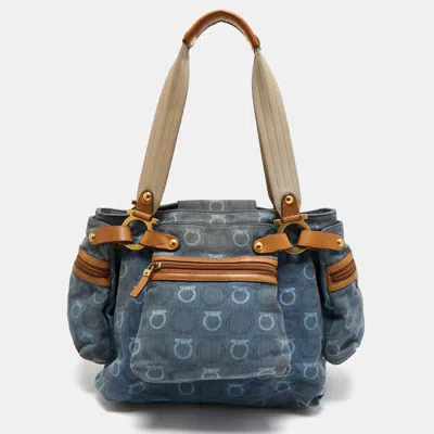 Ferragamo Blue Gancini Print Denim And Leather Multiple Pocket Shoulder Bag