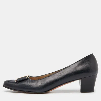 Pre-owned Ferragamo Blue Leather Block Heel Pumps Size 38.5