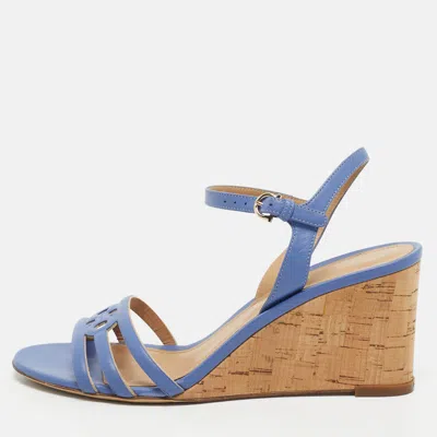 Pre-owned Ferragamo Blue Leather Fieri Cork Wedge Sandals Size 38