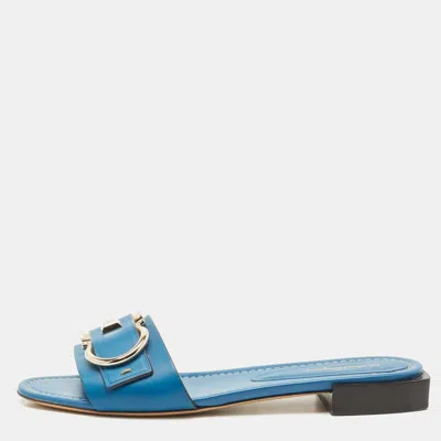 Pre-owned Ferragamo Blue Leather Gancini Flat Slides Size 39.5