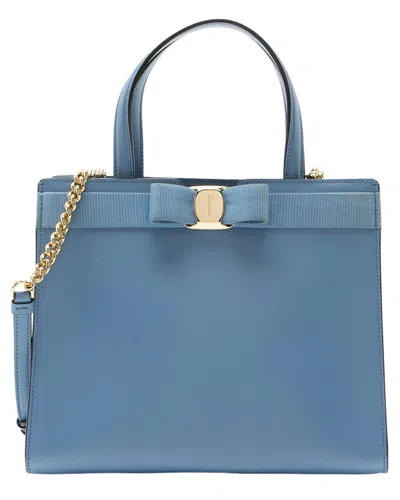 Pre-owned Ferragamo Blue Leather, Nylon Vara Bow Tote (authentic Pre-loved)